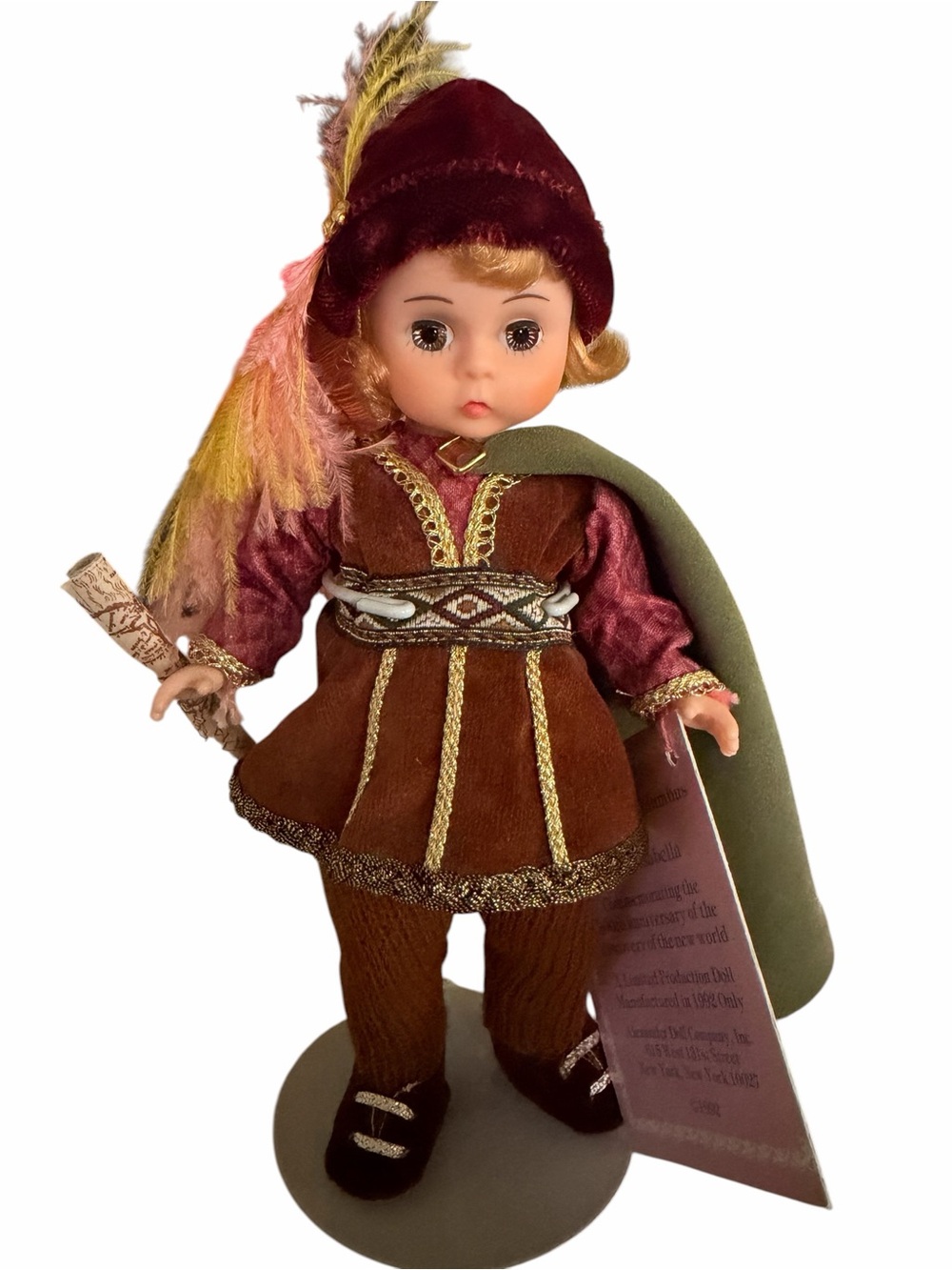 Madame Alexander Burgundy and Olive Christopher Columbus Doll with Stand